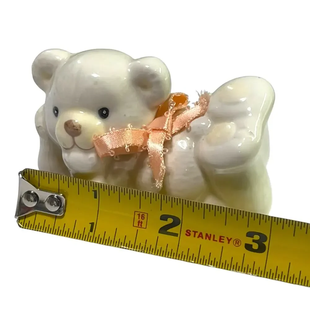 Vintage White Ceramic Teddy Bear Figurine Pink Ribbon 3